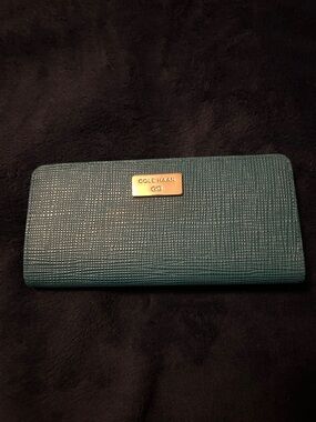 Cole Haan Teal Textured Zip-Around Wallet with Gold Plaque